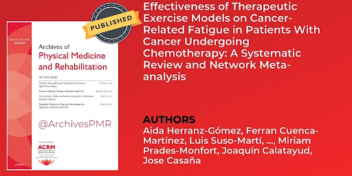 PUBLISHED in ARCHIVES of Physical Medicine and Rehabilitation | Effectiveness of Therapeutic Exercise Models on Cancer-Related Fatigue in Patients with Cancer Undergoing Chemotherapy: A systematic Review and Network Meta-analysis | Authors include: Aida Herranz-Gomez, Ferran Cuenca-Martinez, Luis Suso-Marti, Miriam Prades-Monfort, Joaquin Calatayud, Jose Casana